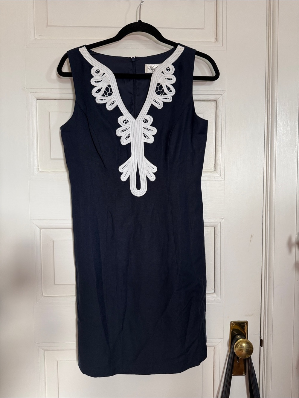 Eliza J Navy Midi Dress with White V‑Neck Appliqué